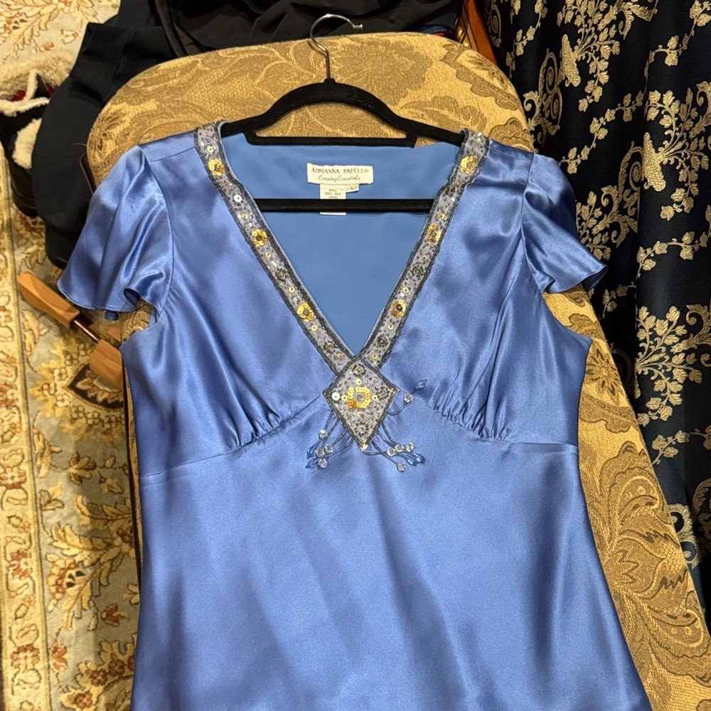 Adrianna Papell  - Blue 100 percent silk Blouse with Embellished V-Neck